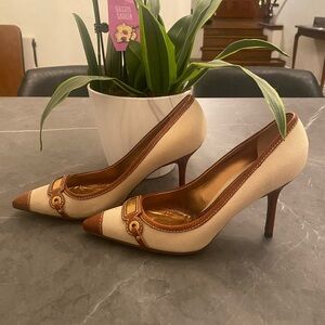 Dolce & Gabbana Logo Heels | Canvas & Leather Pointed Toe Pumps | Size 38.5